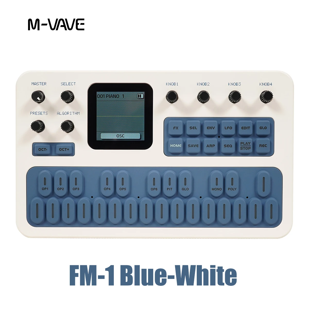M-VAVE FM-1 (SK15)  Blue-White FM Synthesizer – 6 Operators, 32 Algorithms, 128 Presets, 27 Keys, Built-in Speaker, 12h Battery