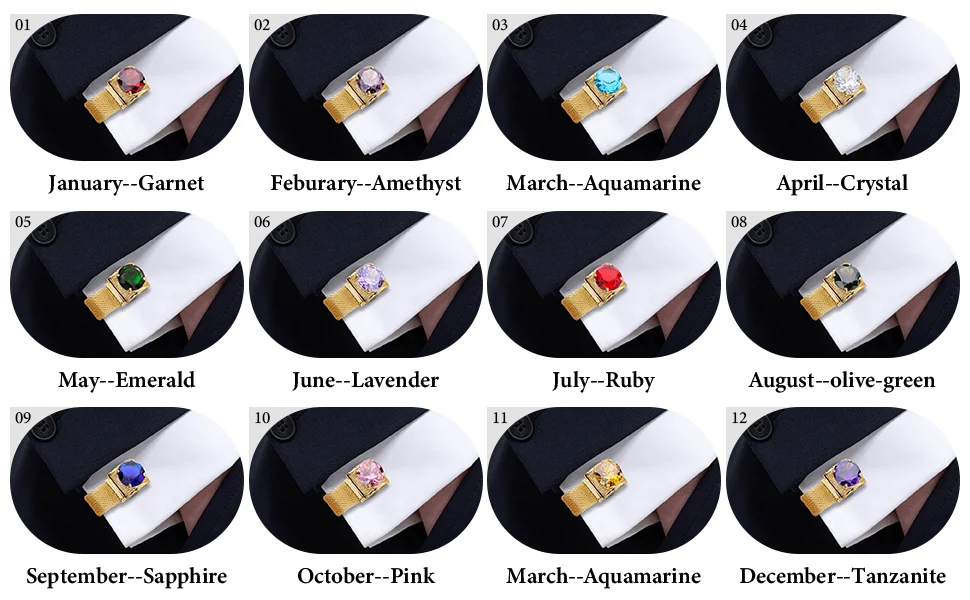 Men Birthstone Cufflinks Gold Mesh Chain Oval Crystal Zircon Cuff Links for French Shirt Birthday Gift for Men HAWSON