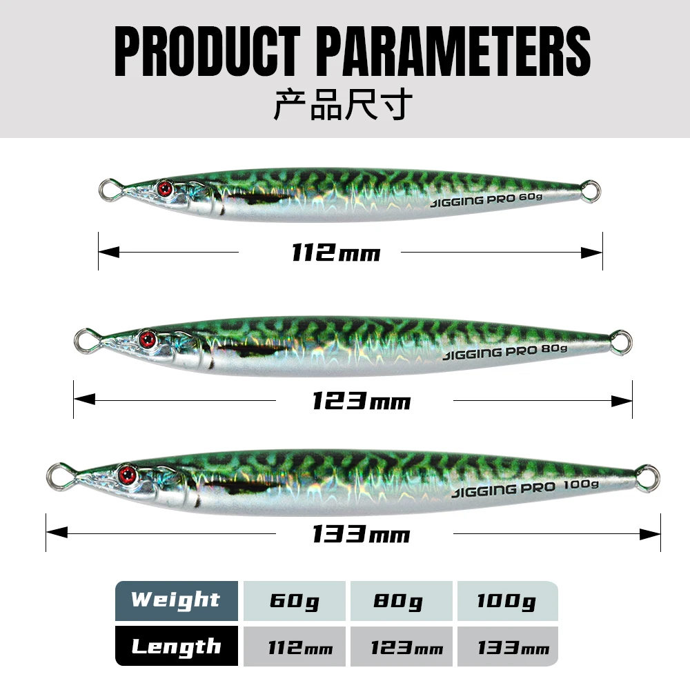 JIGGING PRO 60g 80g 100g Slow Jigging Lure Horizontal Fall Metal Jig Fishing Lure Saltwater Fishing Tackle