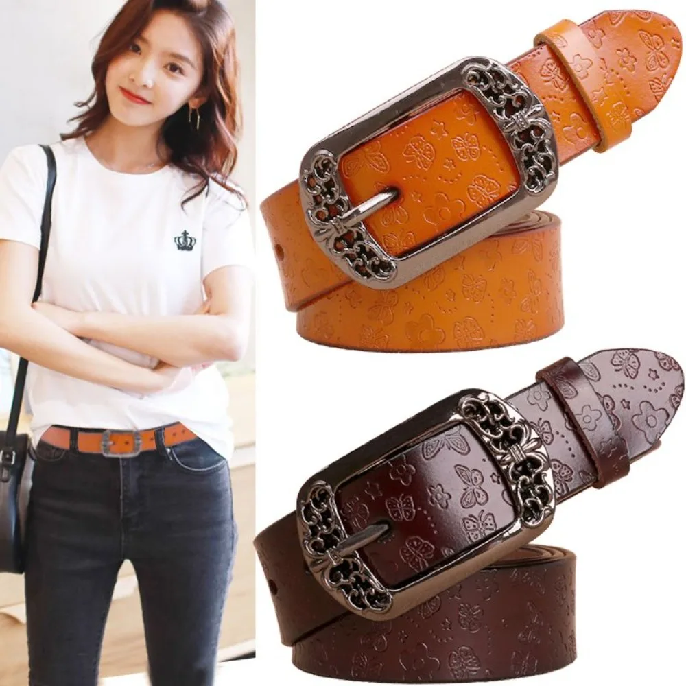 New 2026 Women's Genuine Cowhide Leather Belt, Retro Korean Style, Black Casual Fashion Waistband for Jeans