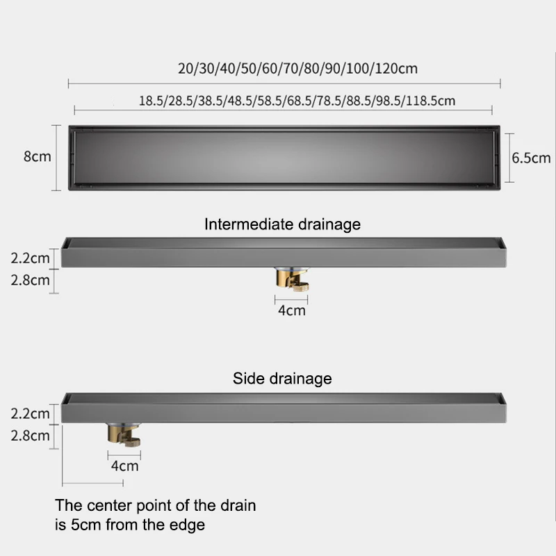 Invisible Bathroom Floor Drain 20-120CM Square Waste Filter Drainage 8CM Wide Anti-odor Shower Drains Strainer