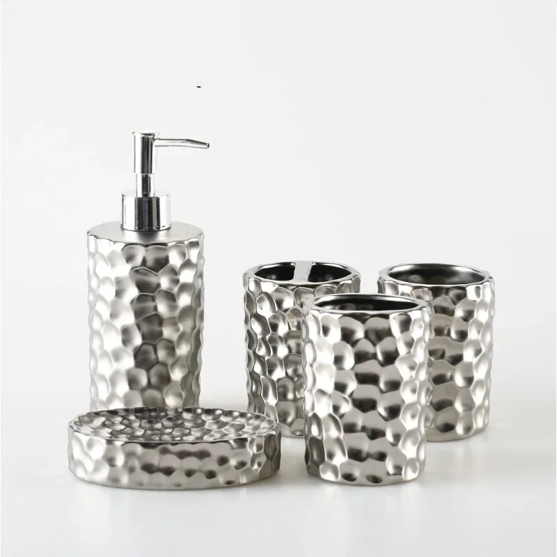 Bathroom Electroplating Silver Plated Embossed Ceramic Toothbrush Holder Soap Dispenser Shampoo Bottle Bathroom Supplies