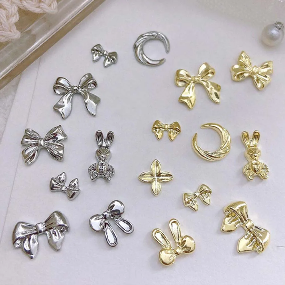 20pcs Silver Ribbon Bows Nail Charms 3D Metal Glossy Gold/Silver Bow Ribbon Rabbit Nail Decoration DIY Luxury Nail Accessories