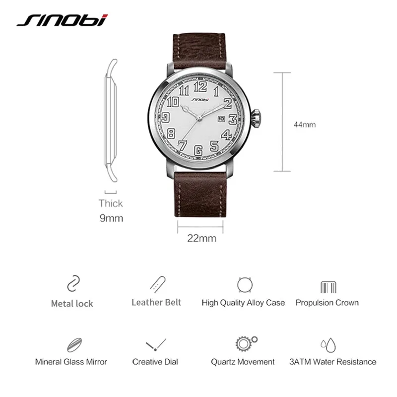 Sinobi Genuine Leather Watch Men\'s Watch Fashion Simple Japan Imported Movement Sports Military Watches Male Wristwatches reloj