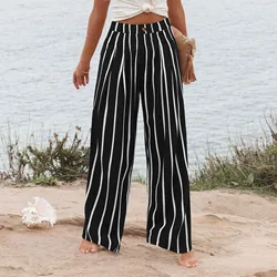 Summer Cotton Linen Wide Leg Pants Women Casual Solid Pockets Beach Loose Trousers Streetwear Elastic Waist Office Lady Pants