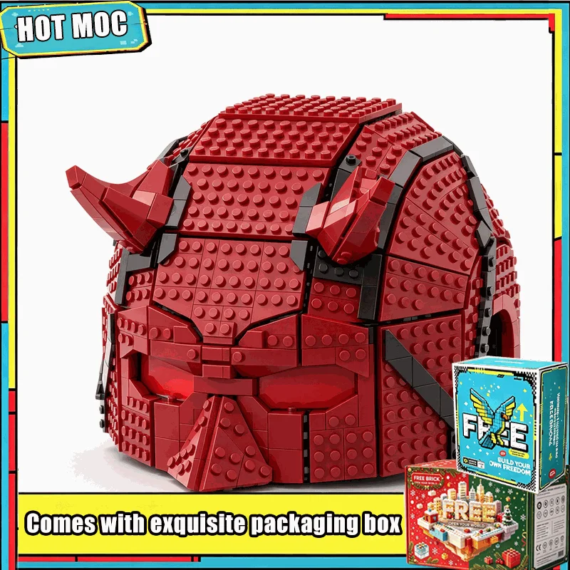 1241 PCS MOC Wearable Red Horned Mask Helmet Building Blocks Set Custom Puzzle DIY Assembly Life Size Sculpture Model Toy Gift