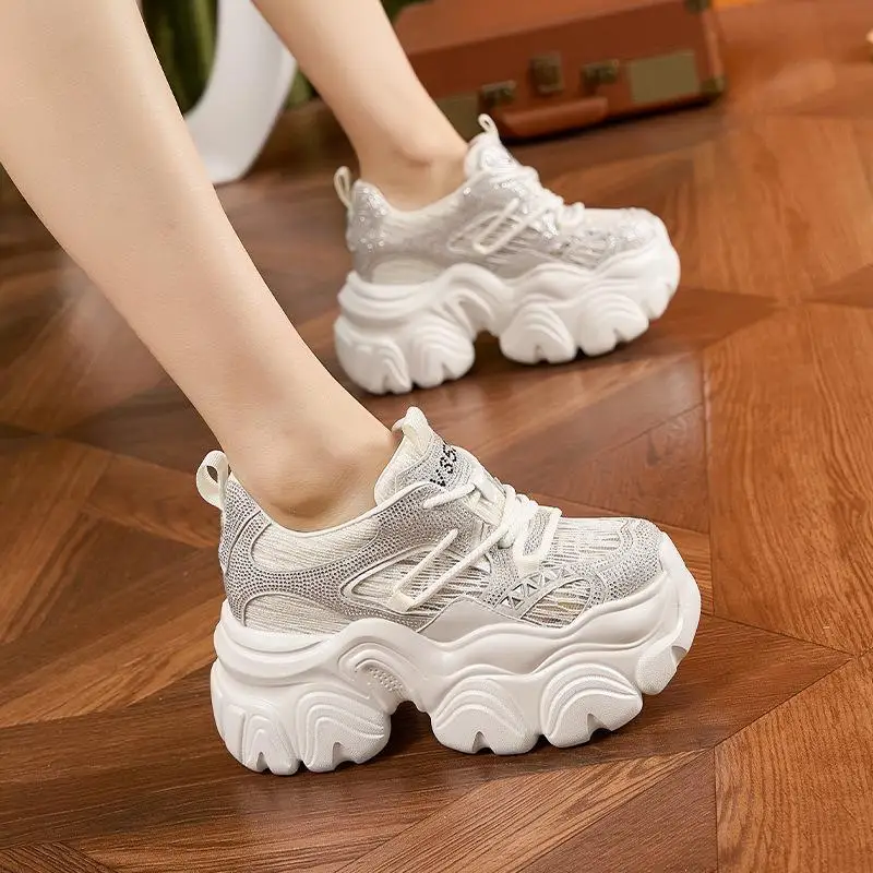 

Breathable Leather Dad Shoes Women's Hollow Mesh Slip-On Casual Shoes Thick Heel Sandals Comfortable round Toe Rubber Sole