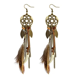 Boho Ethnic Dream Catcher Feather Antique Long Hook Earrings Fancy Handmade Chain Tassle Earring For Women Jewelry