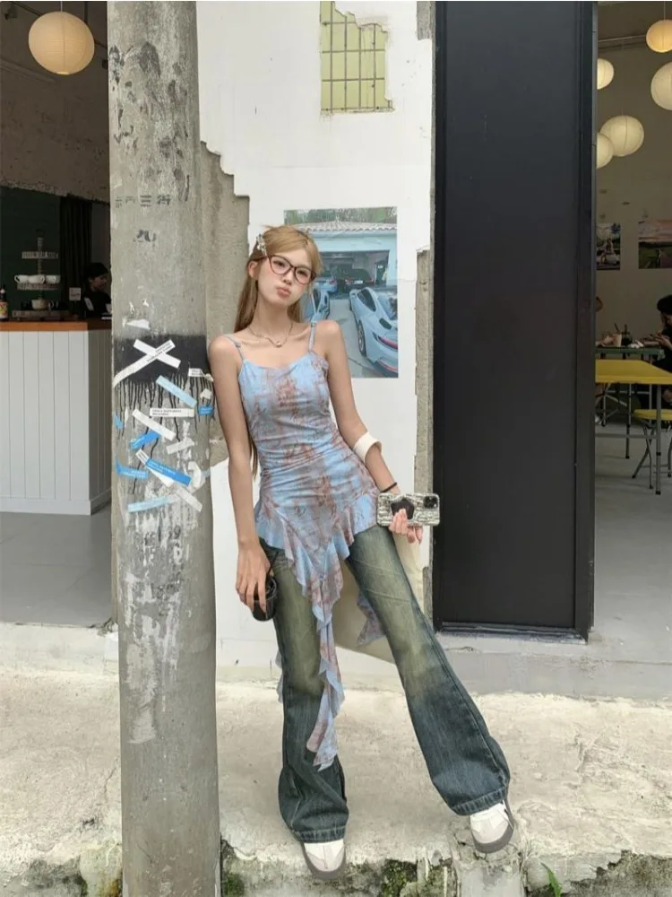 Deeptown Y2k Tie-dye canotte asimmetriche donna Harajuku Gyaru Streetwear Vintage estetica stile giapponese 2000s Ruffle top