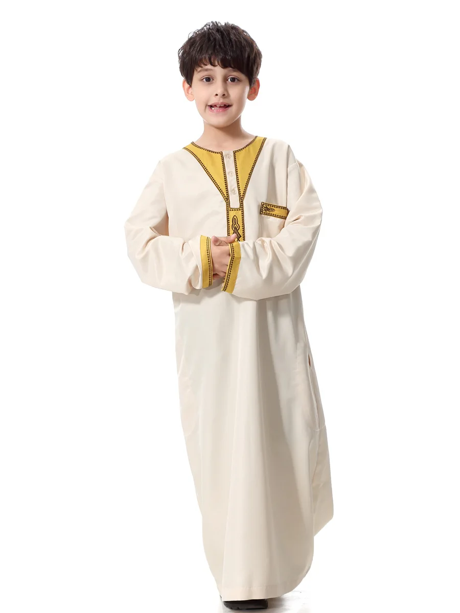 2023 New Muslim Boys Jubba Thobe Fashion O-neck Loose Kaftan Arabia Turkey Teenage Boy\'s Party Robe Middle East Kids Clothing