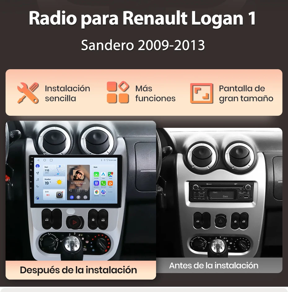 Junsun Wireless CarPlay Android Auto Autoradio für Renault Logan 1 Sandero 2009-2013 Auto-Intelligentes System BT FM Spanisch Lokal – Detail 4