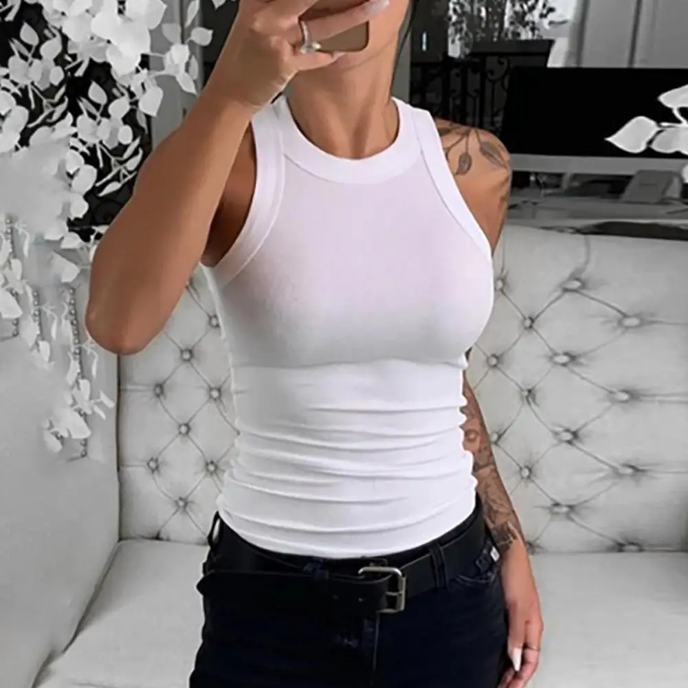 

Women's Round Neck Basic Racerback Camisole Rib-Knit Solid Sleeveless Crop Tank Tops Long Vest