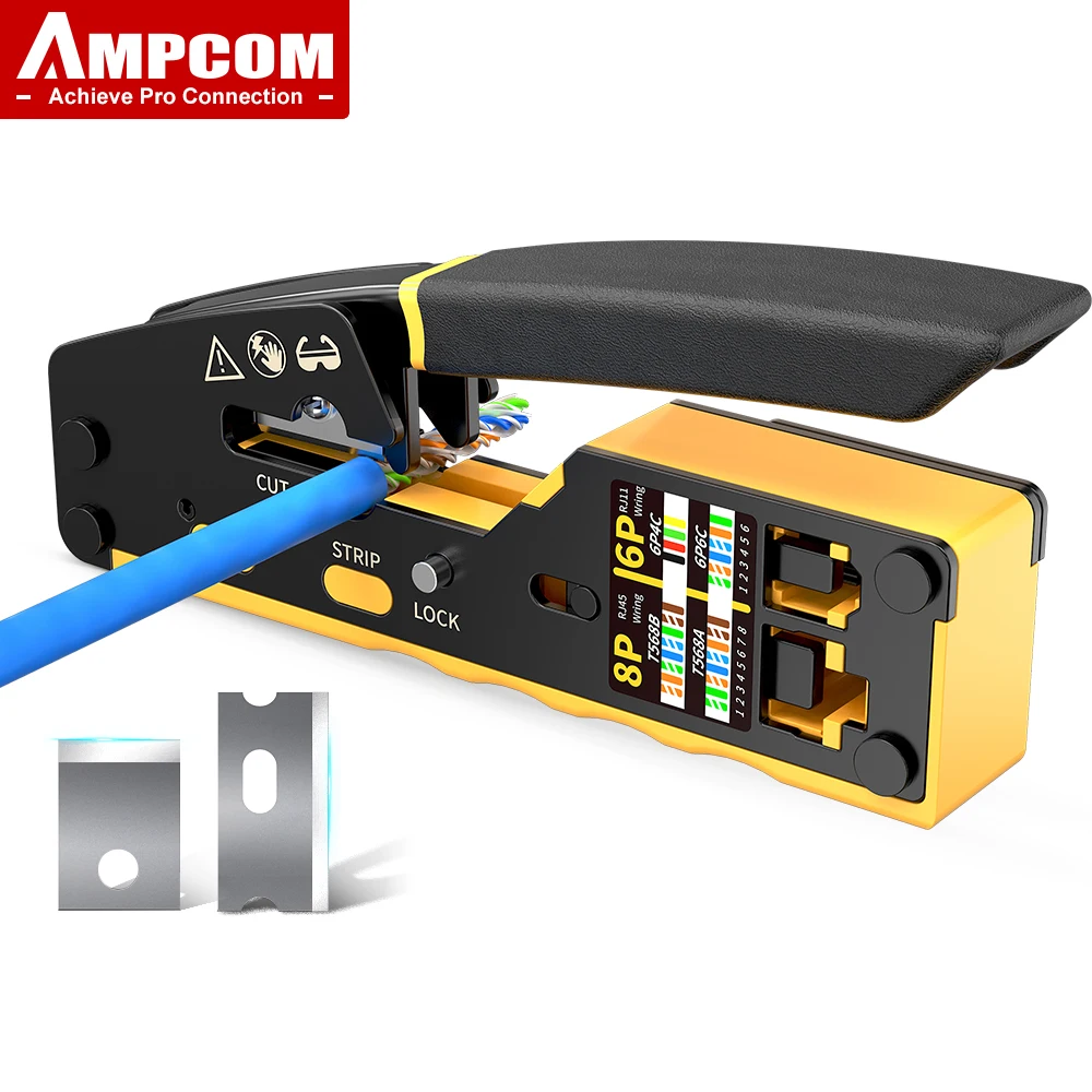 AMPCOM RJ45 Crimper Pass Through RJ45 Crimping Tool For CAT6 CAT5E Pass Thru Ethernet Modular Plugs 8P8C RJ11 Connectors