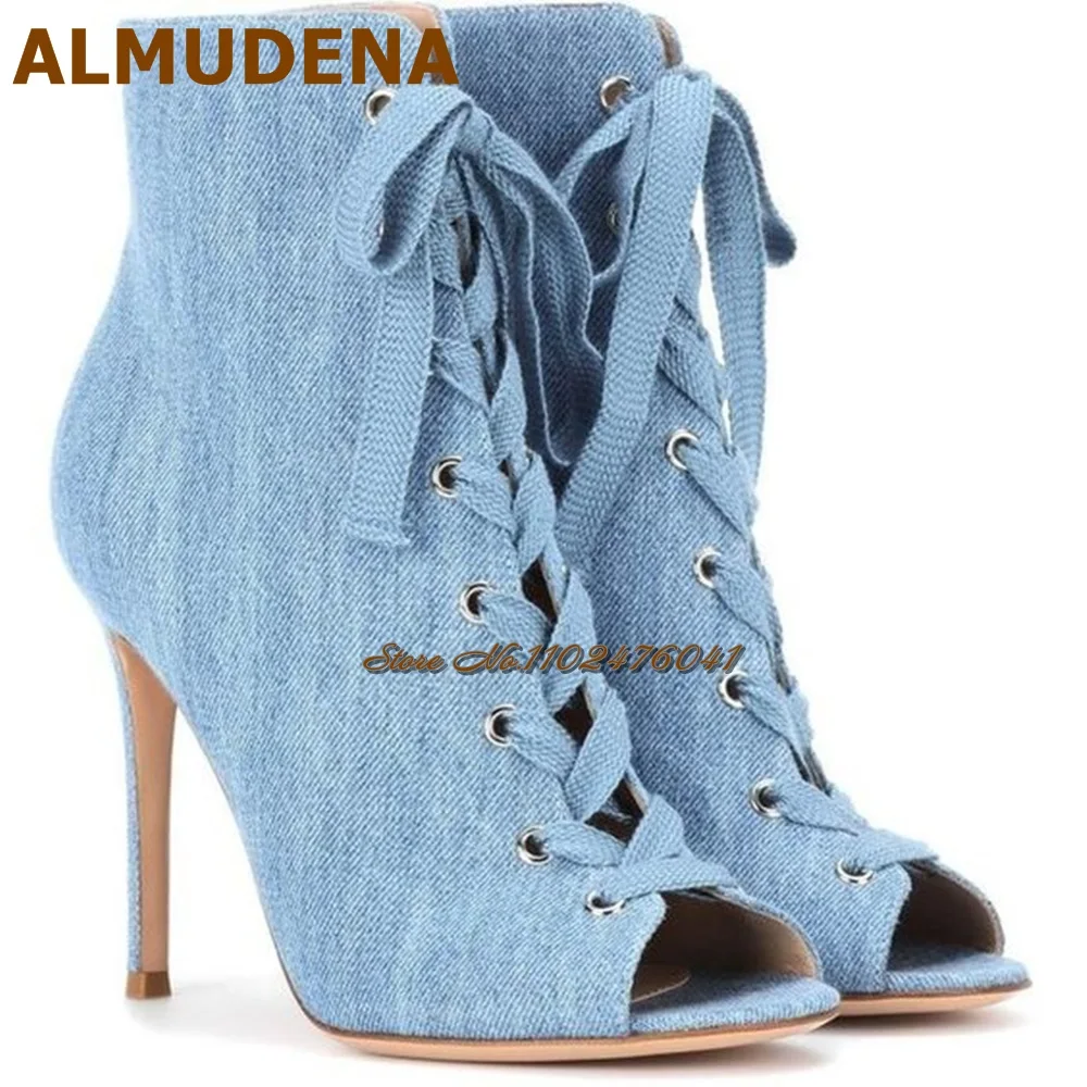 ALMUDENA Blue Denim Open Toe Ankle Boots Stiletto Heel Lace-Up Short Booties Women Elegant Cross Tied Dress Shoes Motorcycle