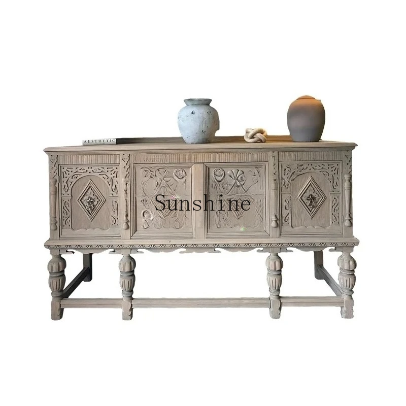 

American country solid wood old carving dining side locker against the wall entrance living room decoration