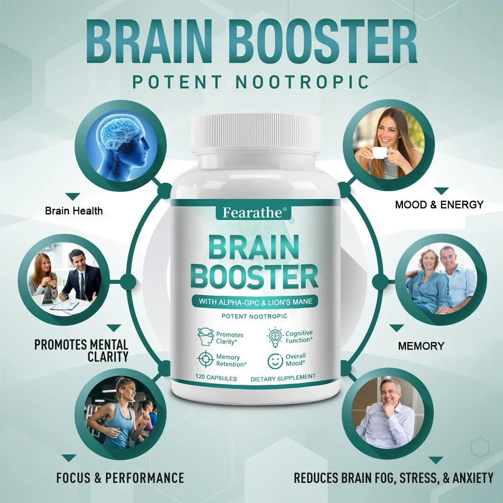 Brain Supplements - Brain Booster for Attention, Memory and Mood - Alpha-GPC, Lion\'s Mane Mushroom, Ginkgo Biloba and Purslane