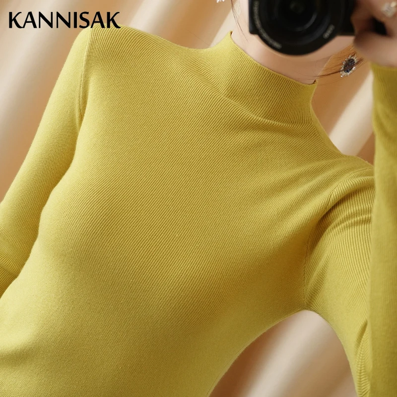 Spring Autumn Women Pullovers Half High Collar Casual Slim Fit Thin Bottoming Shirt Sweaters Blue Pink Red Jumper Woman Knitwear