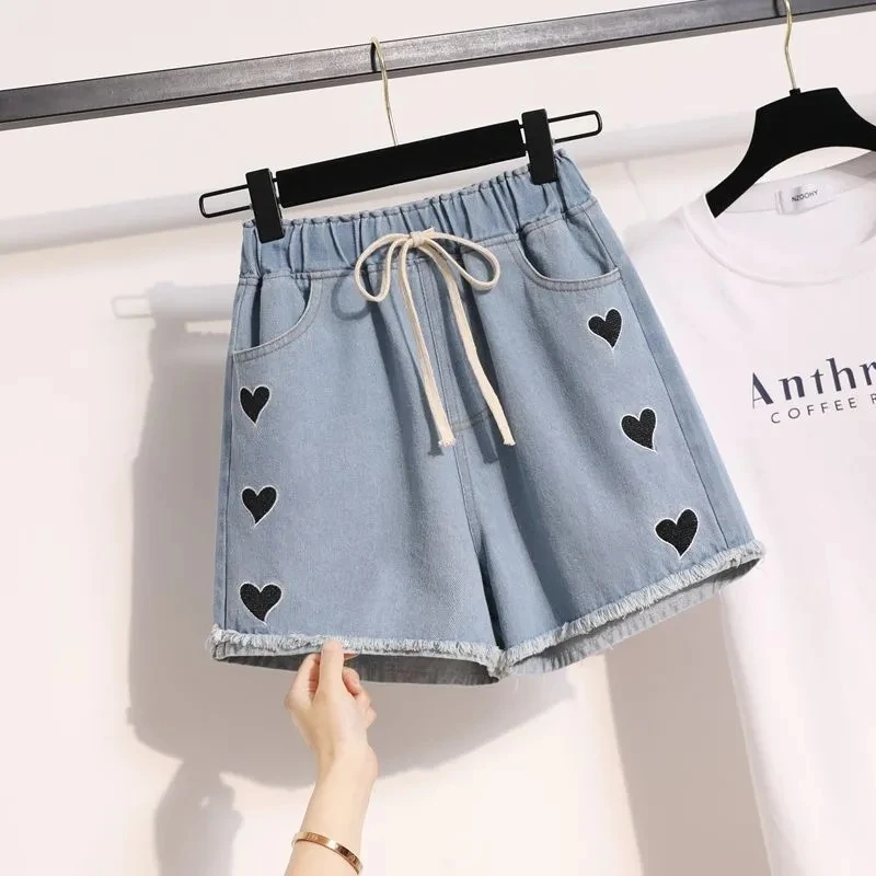 Amo shorts jeans bordados para mulheres, jeans curtos de cintura alta com renda, calças largas azuis, moda coreana, verão