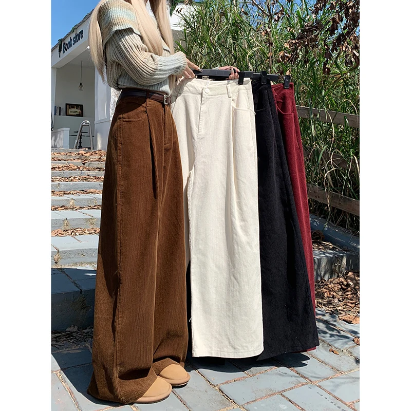 Vintage Corduroy Pants Women Korean All Match Wide Leg High Waist Baggy Straight Trousers Spring Fall Casual Streetwear Bottoms