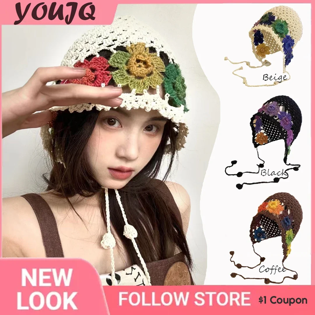 Women's Handmade Crochet Openwork Knit Bonnets for Women Cute Sen Ethnic Style Hood Caps Vintage Fringed Girly Style Beanie Hats