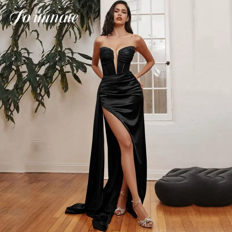 Customized Mermaid Strapless Prom Dress Women 2025 Graduation Party Homecoming Satin Side Split Backless Vestidos De Noche