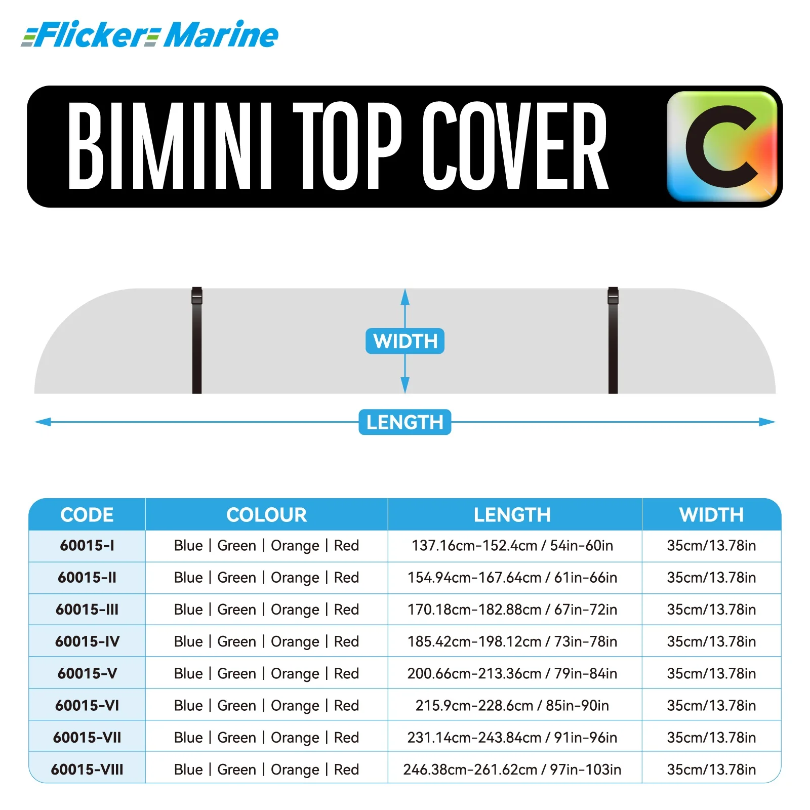 FLICKER MARINE Bimini Top Cover Colorful Series Multi Size, Reinforced Stitching, UV Protection, Long Lasting Performance, Secur