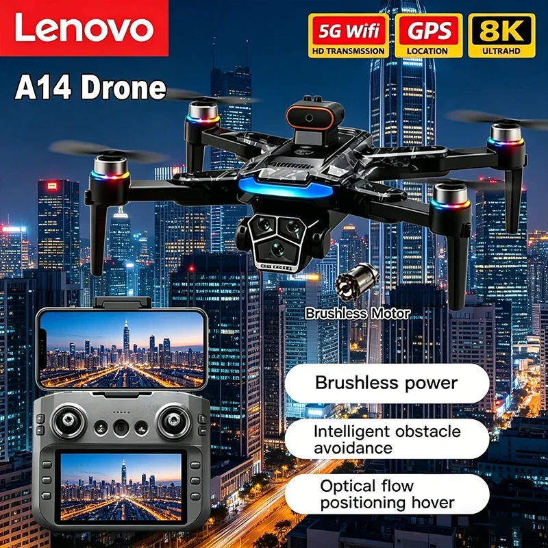 Lenovo A14 Professional Drone with HD Camera 8K GPS 5G WIFI FPV 4K UAV Quadcopter Large Screen Remote Control for HD Video