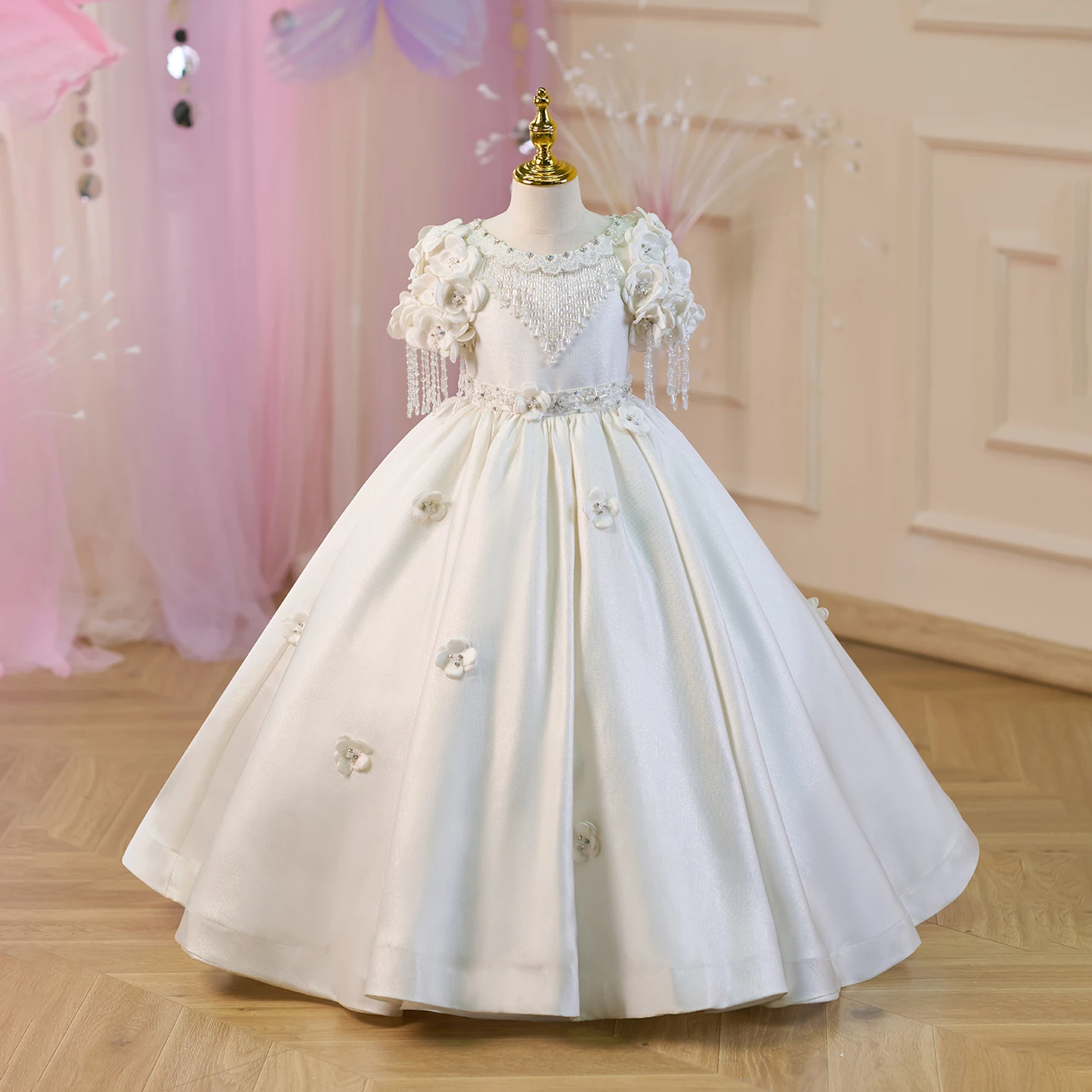 Jill Wish J237 Luxury Off White Flower Girl Dress Flowers Beading for Kids Princess Wedding Pageant Birthday Party Ball Gowns