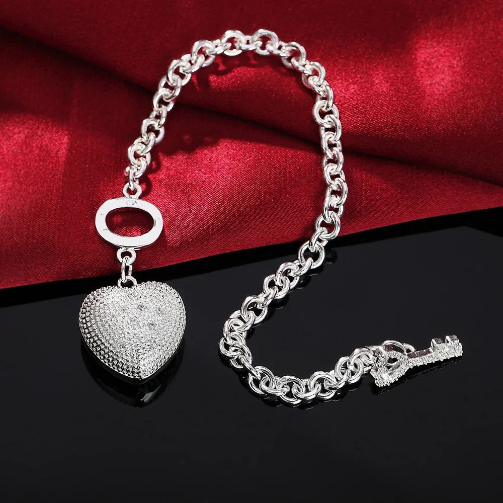 925 Silver Jewelry Global Bestselling Set Crystal Zirconia Heart Key TO Women's Love Key Bracelet Valentine's Day Gift