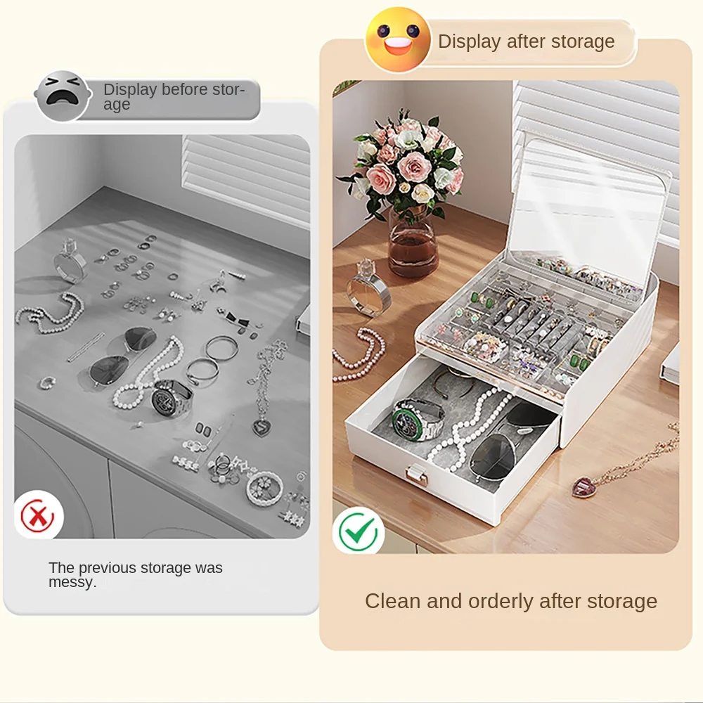 

2-Layer Jewelry Box with Mirror Velvet Interior Dust-proof Women's Jewelry Case Multi-compartments Non-slip