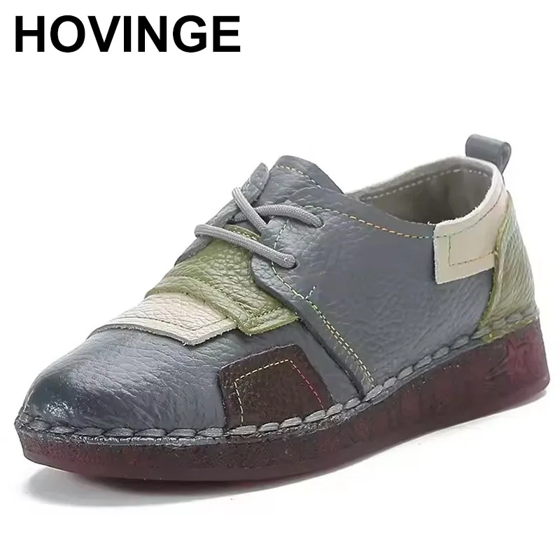 

Women Casual Shoes Cowhide Lace-up Ethnic Retro Genuine Leather Single Shoes Big Size 41 Mothers Color Blocked