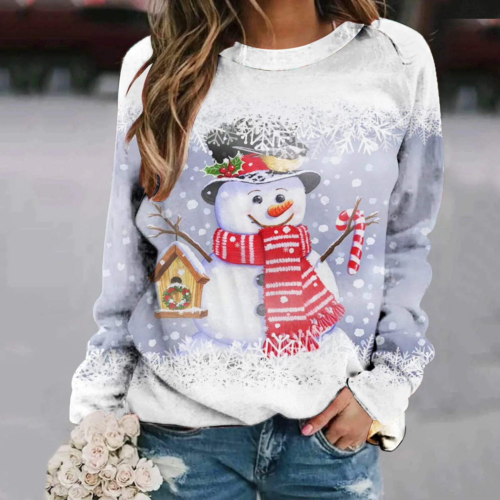 

Свободная длинная толстовка с принтом Све, женская зимняя модная футболка с рисунком снеговика, повседневный удобный китайский топ