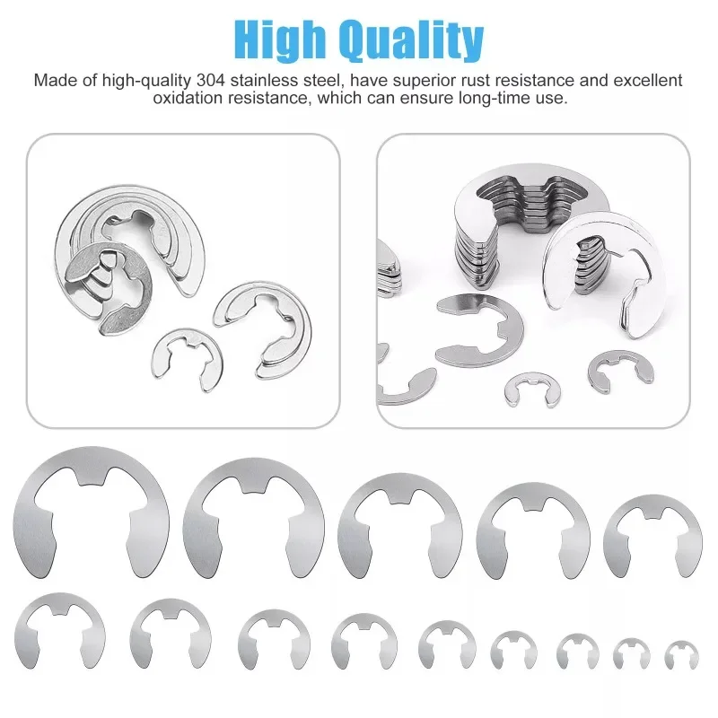 380pcs Assortment Kit 1.5-15mm 304 Stainless Steel Shaft External Retaining Ring E Clip Snap Circlip Washer for Shaft Fastener