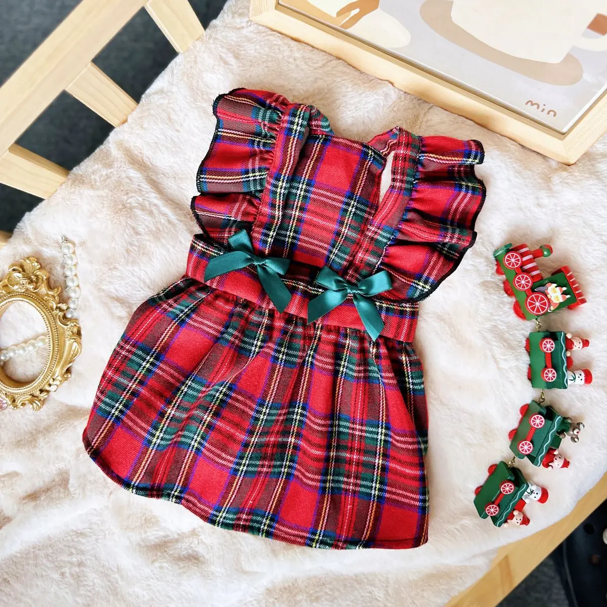 Robe de Noël pour animaux de compagnie, jupe à carreaux avec nœud, costume de fête mignon pour petit chien, chiot, chaton, vêtements pour animaux de compagnie, tenue de fête et de festival