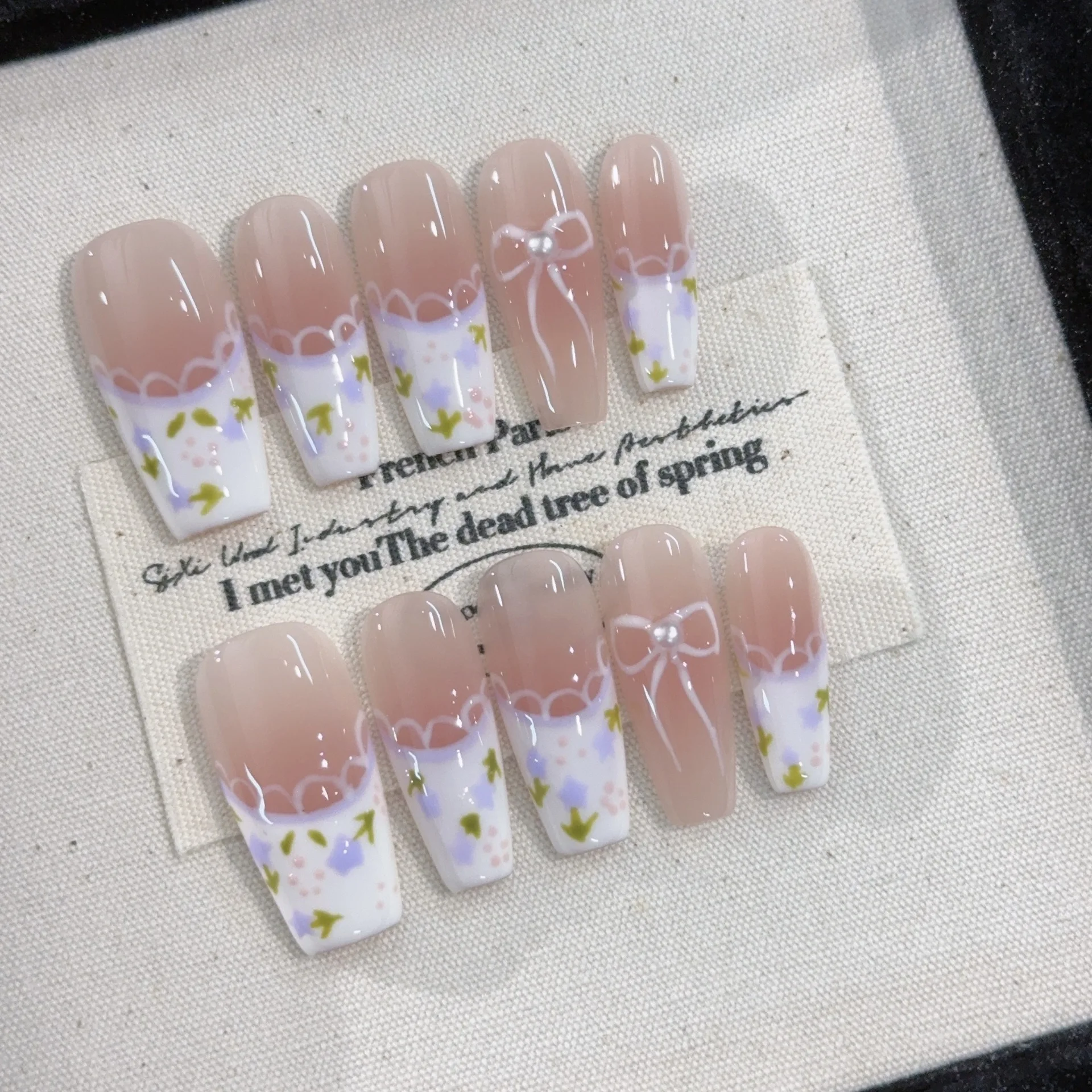 

10Pcs White Lace Handmade Press on Nails Pearl Mini Flowers Bow Fake Nails Sweet Ballet False Nails French Coffin Acrylic Nail
