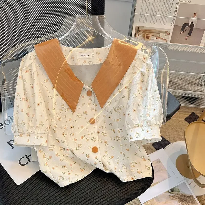 

Женская рубашка с высокой талией, элегантная мода, нерегулярный принт, лацканы, короткий рукав, топы Y2K, новинка 2025, лето, французские свободные повседневные милые