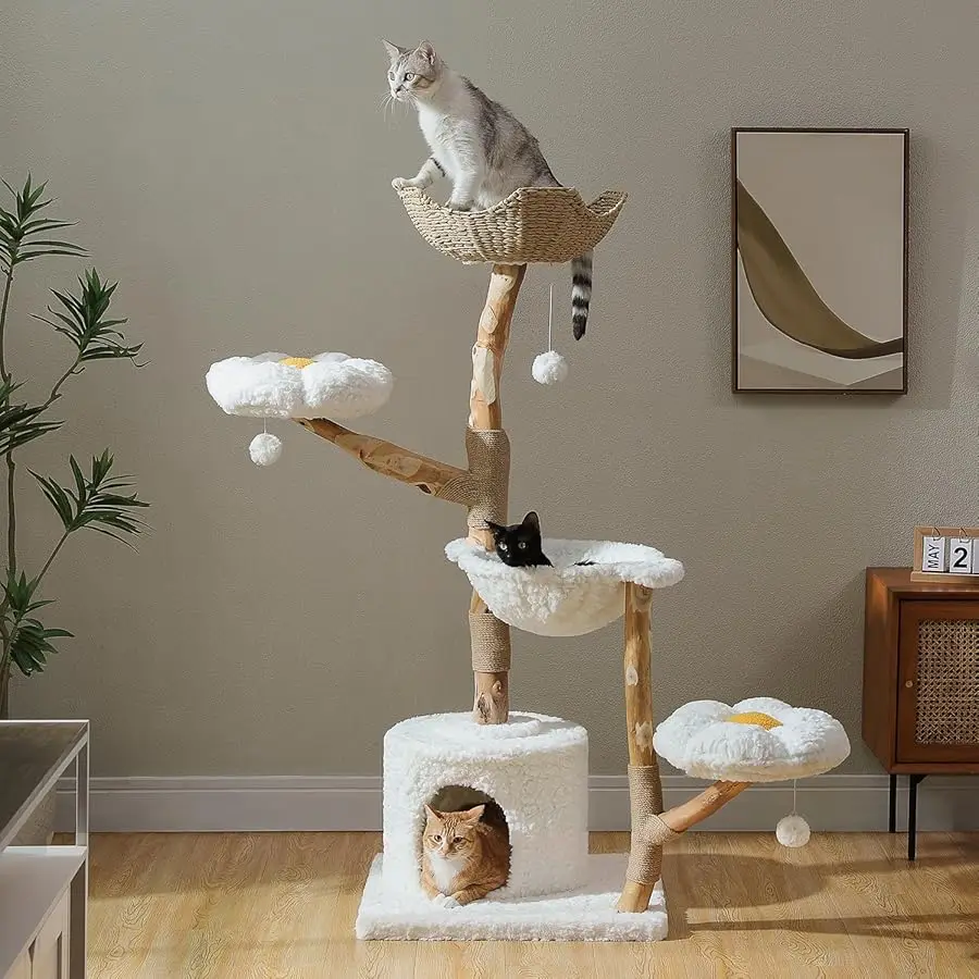 

59" Modern Cat Tree Tower for Large Cats w/2 Flower Perches-Natural Solid Wood Scratching Post with Real Branch-Luxury Boho Cat