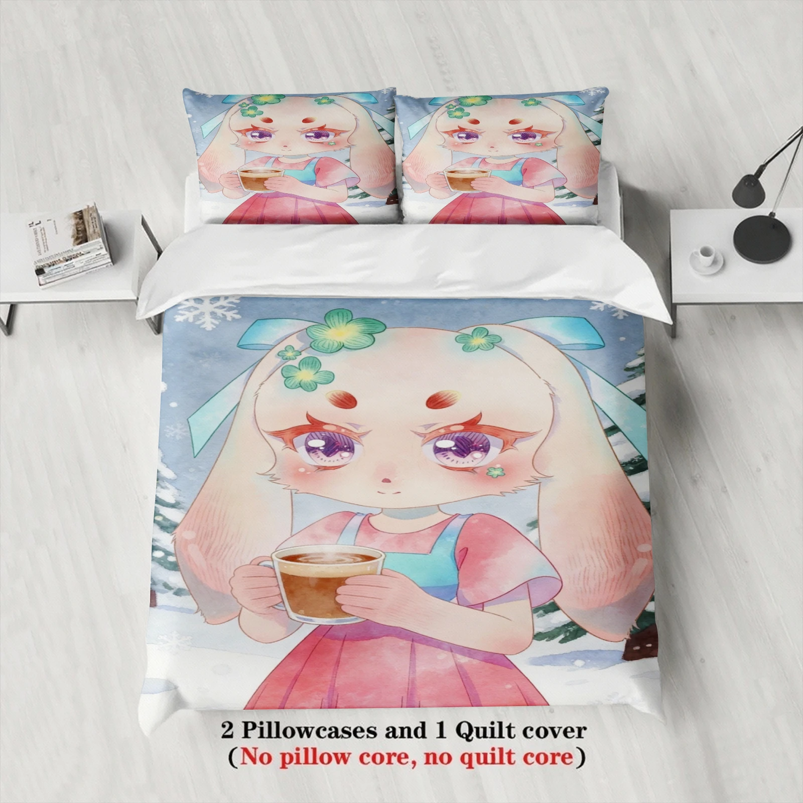 Softville Cozy Town 3PCS Bedding Sets Lop Rabbit Hot Cup Winter Printed Duvet Cover No filling Cartoon Style Queen King Size
