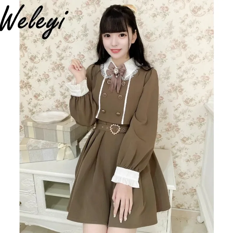 

Women's Cute Style Lolita Bow Dresses Japanese Fashion Autumn Winter Streetwear New Long Sleeved A Word Elegant Princess Kleider