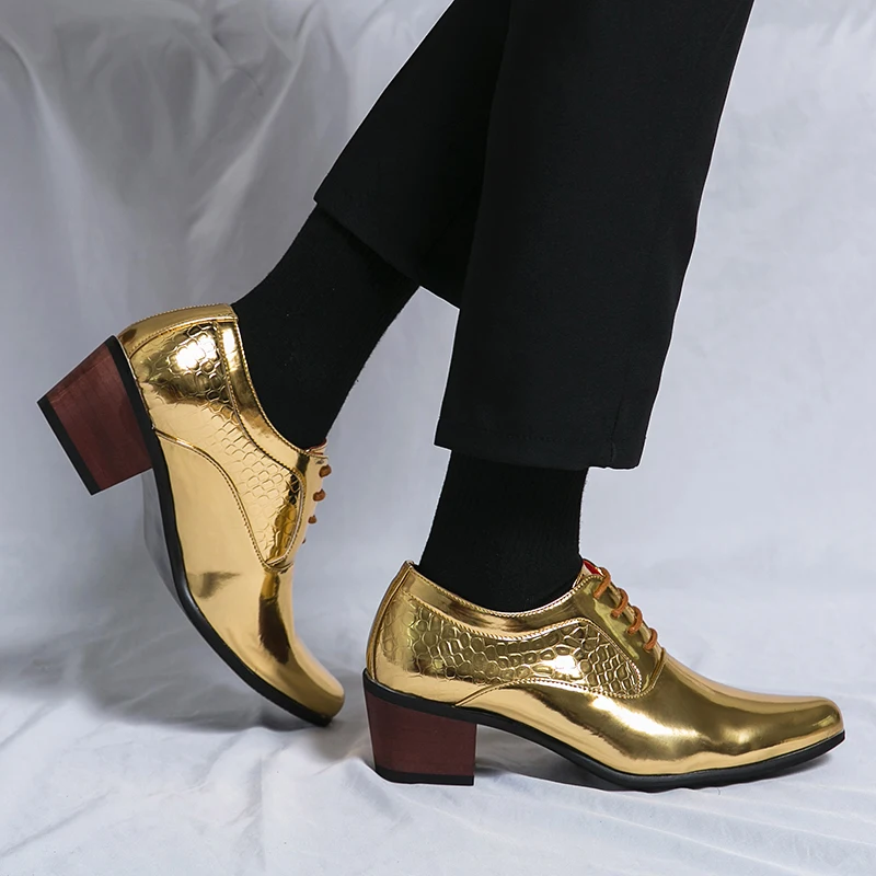 Quality Mens Luxury Brand Gold Pointed Toe High Heels Wedding Shoes Non-slip Dress Shoes 2023 Classic Designer Sneakers  for Men