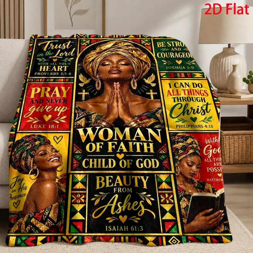 Woman of Faith Christian Flannel Blanket Bible Verse Prayer Scripture African Inspired Throw Blanket for Sofa Bed Couch Bedroom Living Room Religious Home Decor Church Gift Cozy Nap Blanket Office Travel Faith Bedding Inspirational Gift Room Accent