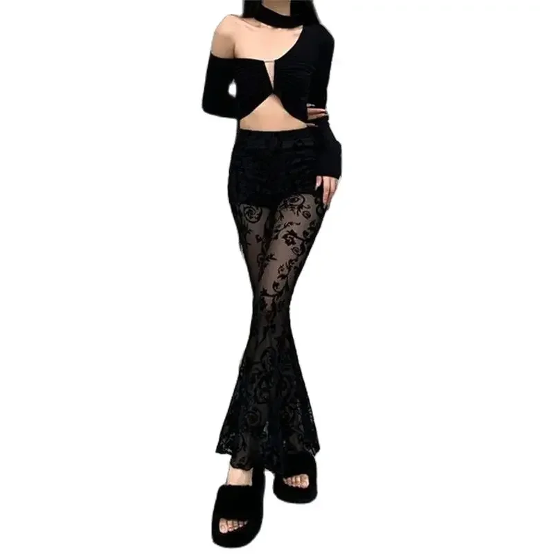 

Fashion Lace Openwork Wide-Leg Pants Women Spring Summer Black High-Waisted Pants Micro-Pants Female Elastic Waist Trousers