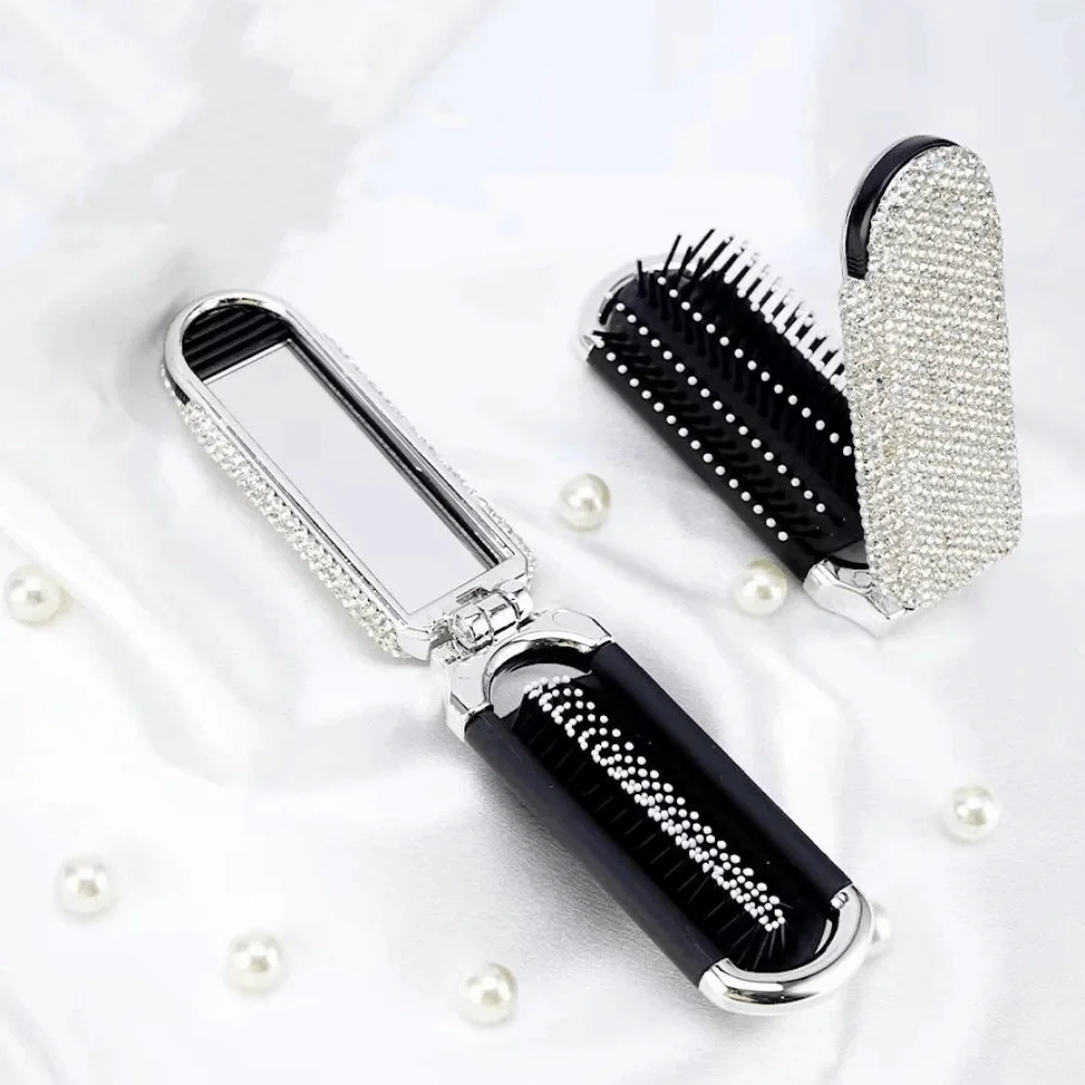 2 in 1 Folding Hair Brush Crystal-Encrusted Portable BlingBling Comb Mirror Compact Luxury Rhinestone Hair Comb Gift for Girls