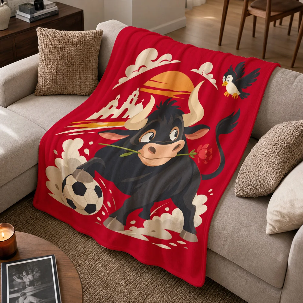 Cute Bull Soccer Ball Throw Blanket Decorative Sports Fleece Throw Sofa Bed Cover for Living Room Home Decor Gift Idea