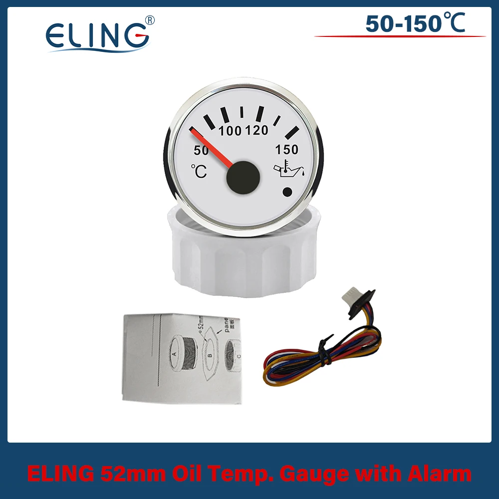 ELING 52mm (2'') Oil Temp Gauge Signal 50-150℃ with Red Backlight and Light Alarm 12V 24V for Car Tractor Vessels