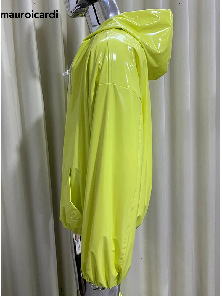 Mauroicardi Spring Oversized Shiny Glossy Leather Jacket Man with Hoood Zipper Luxury Man Streetwear Clothing Original Brands