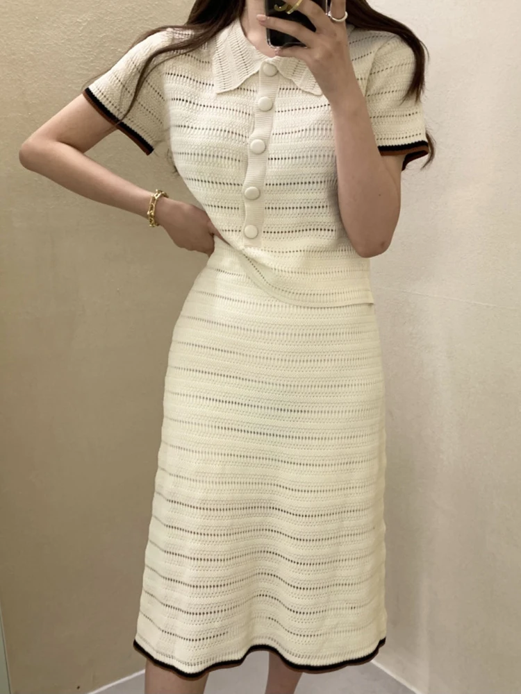 

Korea Fashion Hollow Out Knitted 2 Pieces Sets Women Lapel Single Breasted Tops + High Waist A-Line Skirts Summer Knitwear Suits
