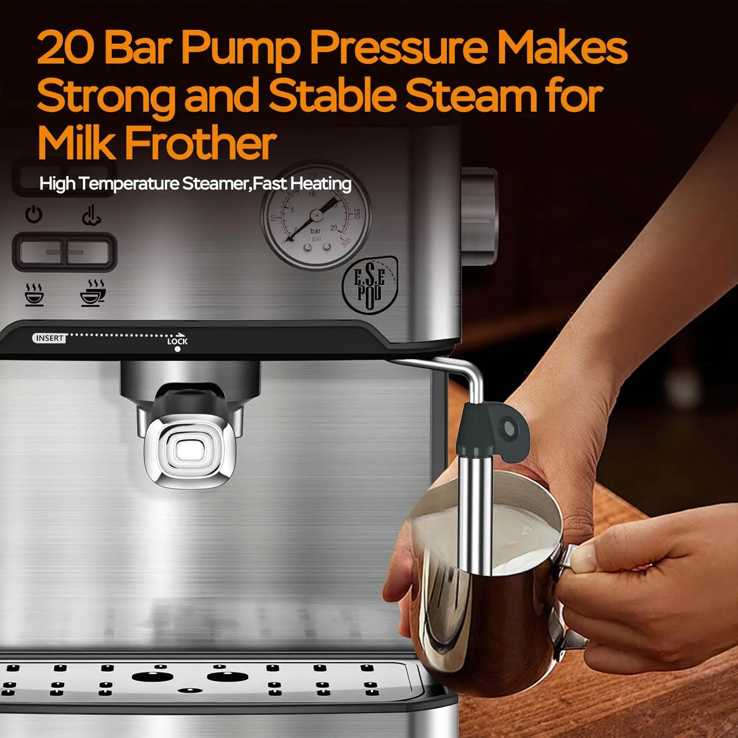 20 Bar Espresso Machine with Milk Frother, Dual Shot, ESE Pod, Temperature & Pressure Display, Removable Water Tank