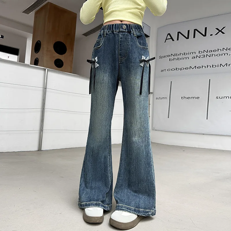 Fashion Teenager Girl Bootcut Jeans Slim Flared Denim Stretchy Vintage Wide Leg Baggy Loose Pants with Bow Kid Clothes 4-14Year
