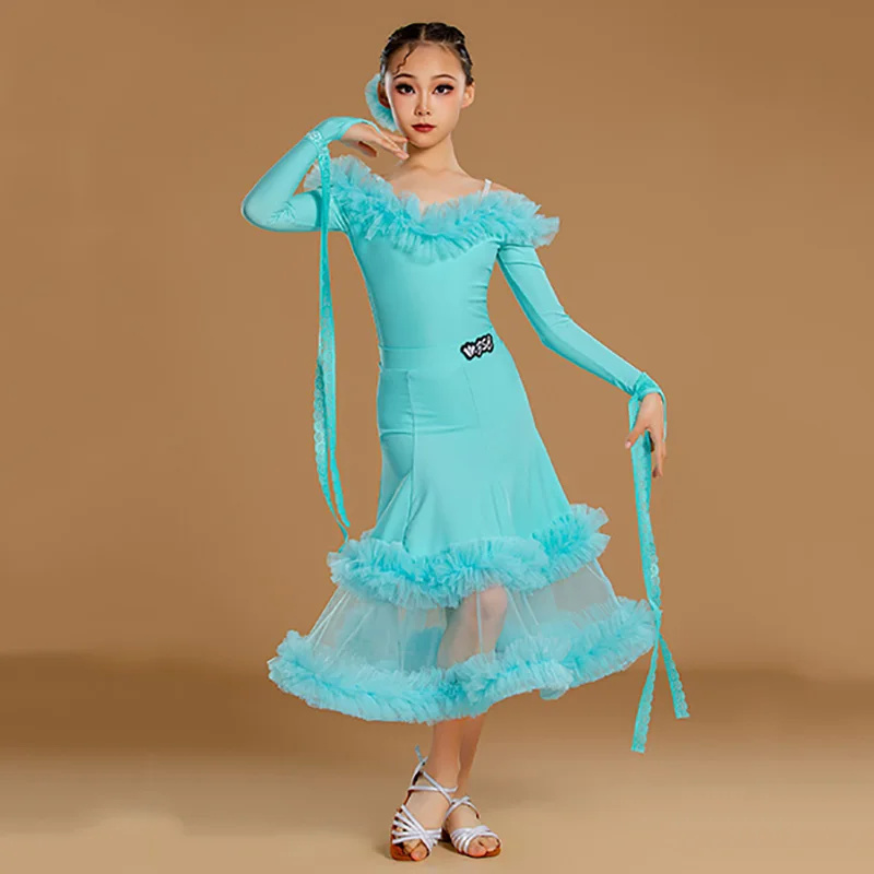 Kids Girls Waltz Tango Ballroom Dance Professional Training Dresses Bodysuit and Mesh Ruffles Skirts Modern Dancing Costumes
